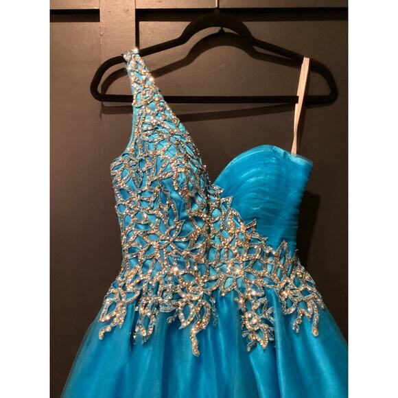Sherri Hill Short Turquoise One Shoulder Prom glam Homecoming Balloon Dress 4 - Picture 10 of 11